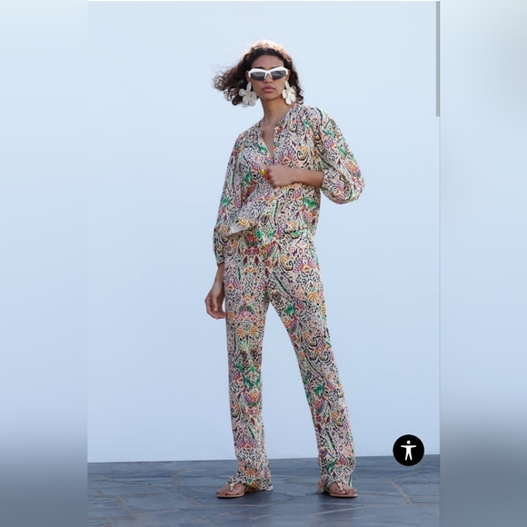 Zara 2 Piece Multicolored Metallic Thread Printed Top & Flared Pants Co Ord Set - Picture 1 of 5